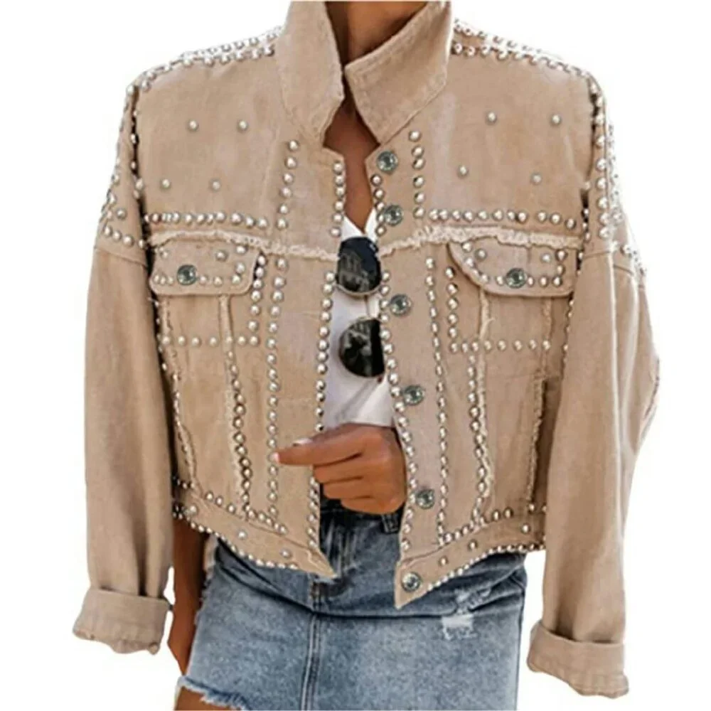 Cropped Denim Jacket with Rivet Studs, Distressed White, Button Cuffs